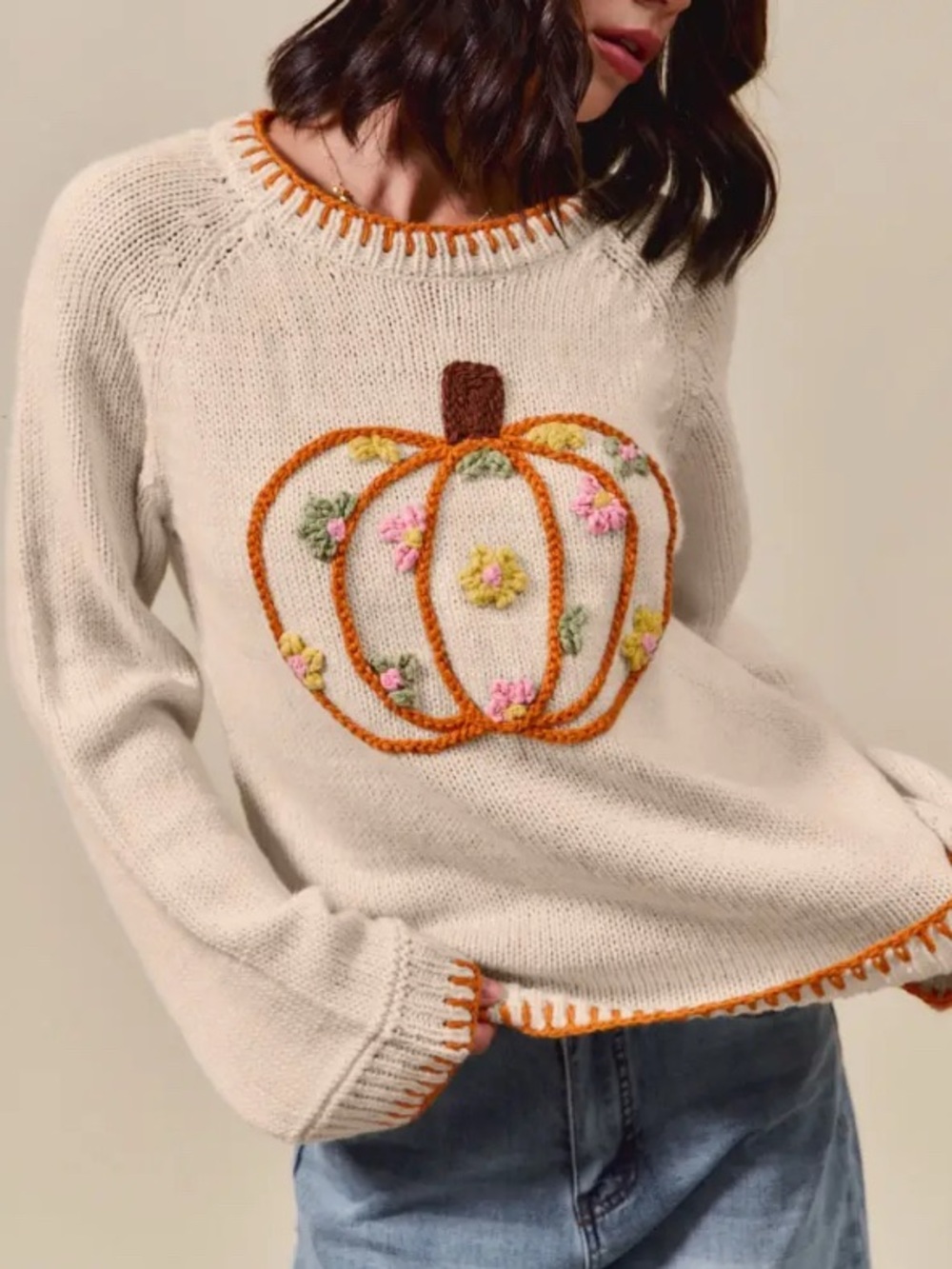 So Me Cream Sweater with Orange Pumpkin Embroidery